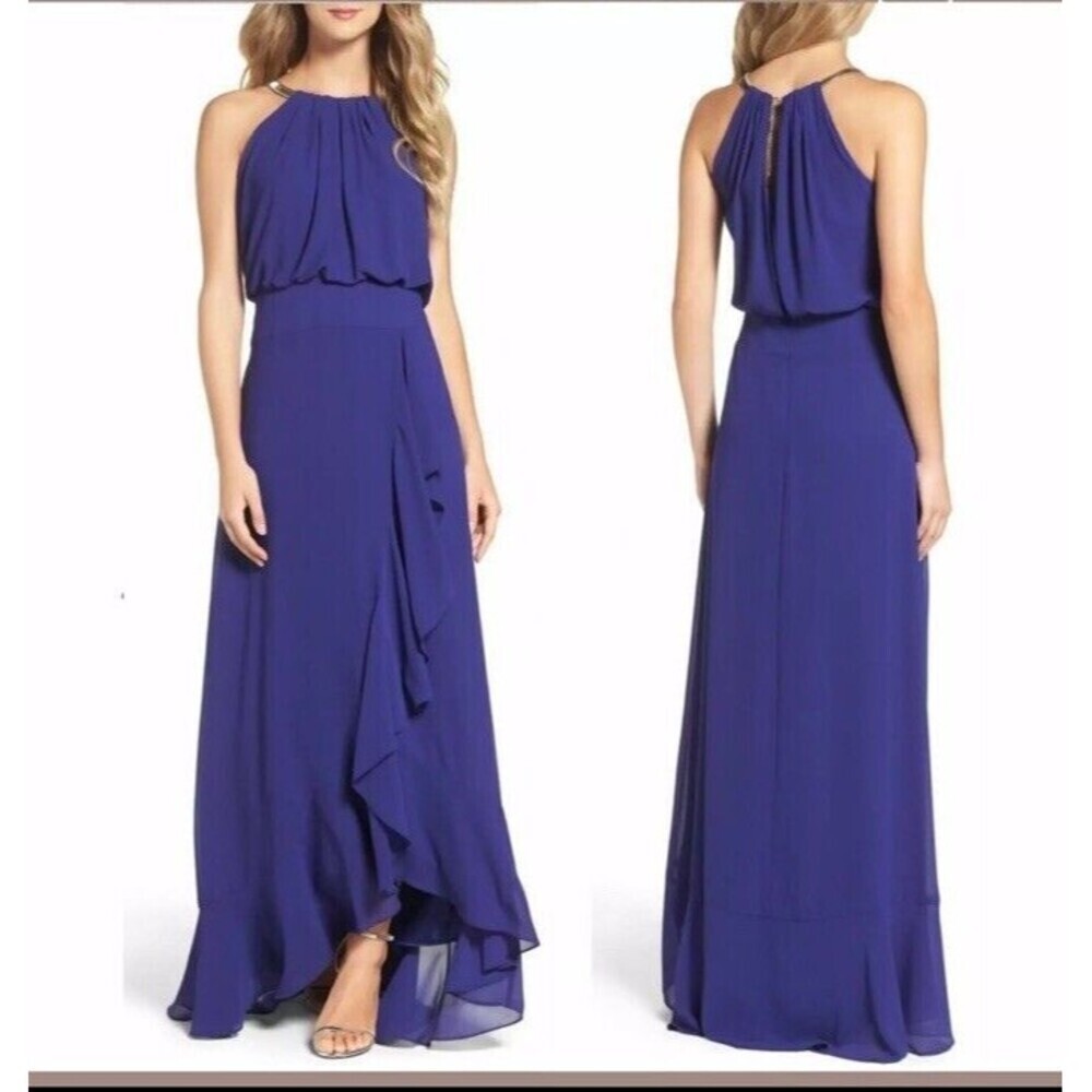 Eliza‎ J Halter Neck Sleeveless Blouson Ruffle Gown 6​​